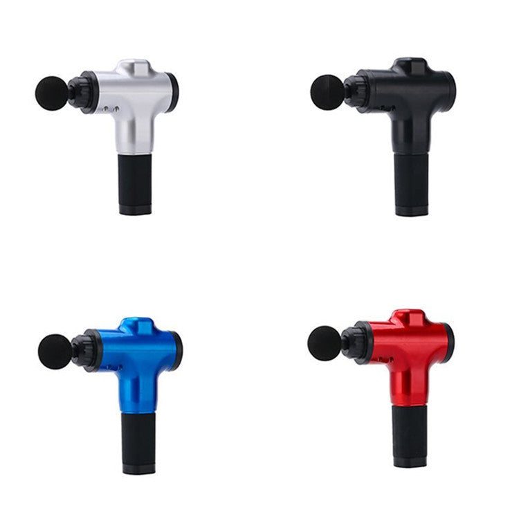 Set of four Fascia Gun Massage Guns in red, blue, black, and silver, offering versatile options for muscle relaxation and recovery.